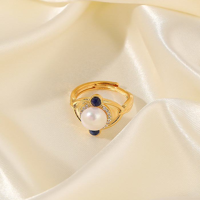Simple Style Round Copper Plating Inlay Freshwater Pearl Zircon 18K Gold Plated Rings