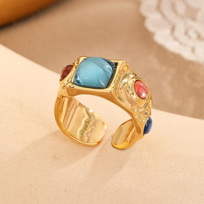 Vintage Style Square Copper Inlay Gem Open Rings
