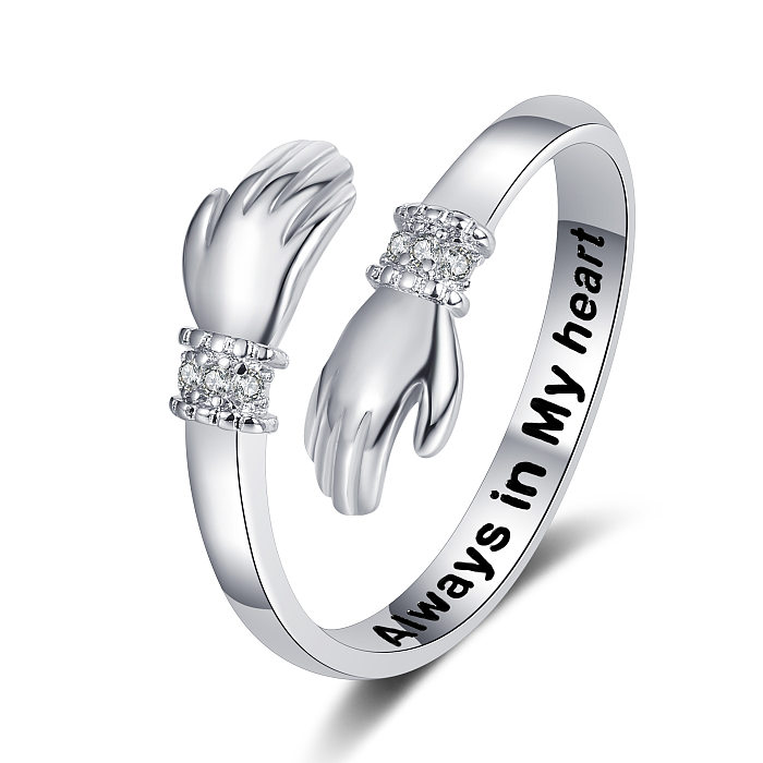 Offener Ring mit modischem Buchstaben-Hand-Kupfer-Inlay und Strasssteinen