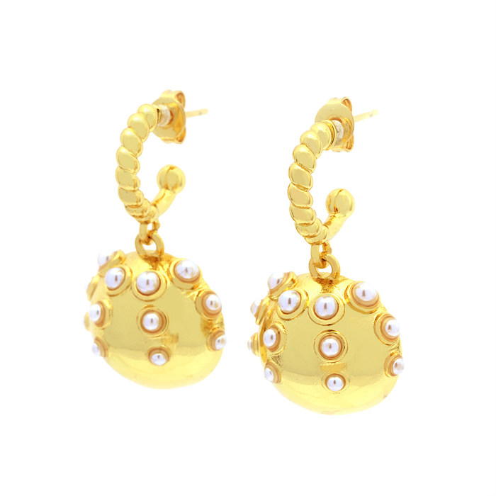 1 Pair Retro Geometric Plating Inlay Copper Artificial Pearls Zircon 18K Gold Plated Drop Earrings