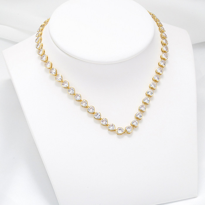 Elegant Glam Luxurious Heart Shape Brass Plating Inlay Zircon 18K Gold Plated Bracelets Necklace