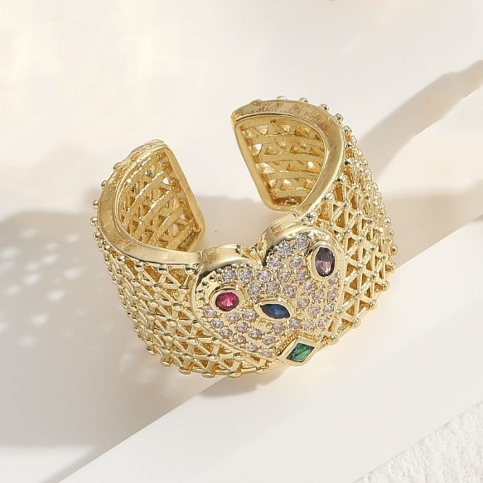 Elegante luxuoso estilo clássico formato de coração cobre 14K anel aberto de zircão banhado a ouro a granel