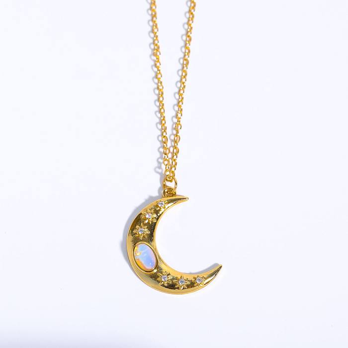 Casual Simple Style Moon Copper Plating Inlay Opal 18K Gold Plated Pendant Necklace
