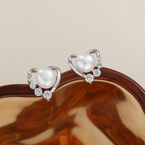 1 paire de clous d'oreilles en cuivre et Zircon, Design Original, incrustation de placage en forme de cœur, perle d'eau douce