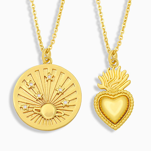 Collier rétro doré rond avec pendentif en forme de cœur et de soleil, incrusté de cuivre et de Zircon