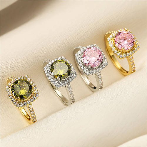 Luxurious Shiny Round Square Copper Inlay Zircon Rings