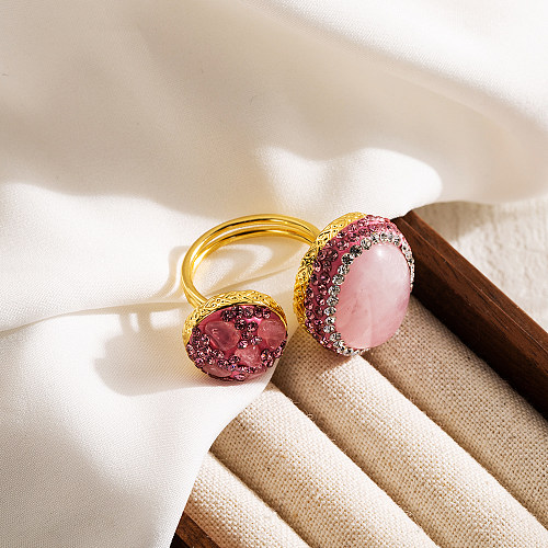 Luxurious Oval Water Droplets Copper Plating Inlay Natural Stone Shell 18K Gold Plated Open Ring