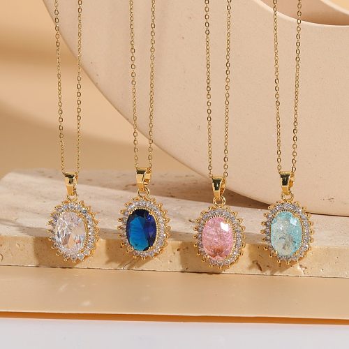 Elegant Classic Style Oval Copper Plating Inlay Zircon 14K Gold Plated Pendant Necklace