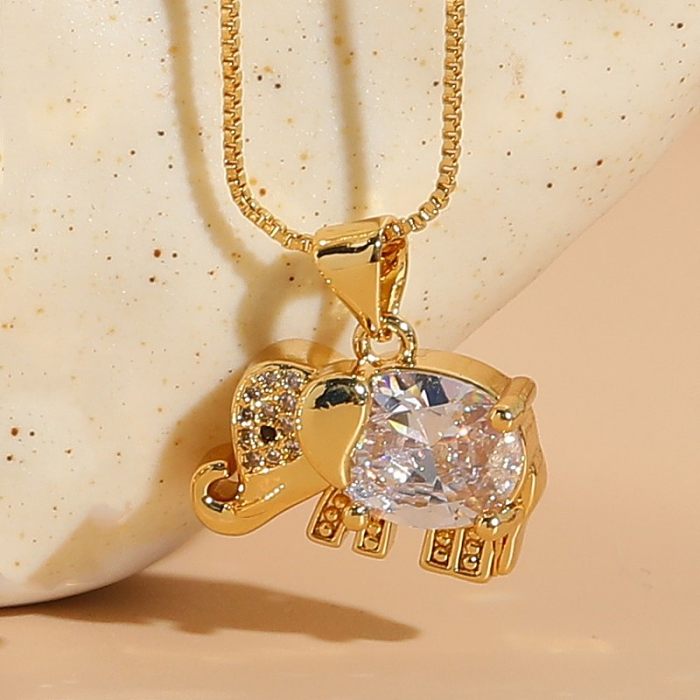 Elegant Classic Style Elephant Copper Irregular Plating Inlay Zircon 14K Gold Plated Pendant Necklace