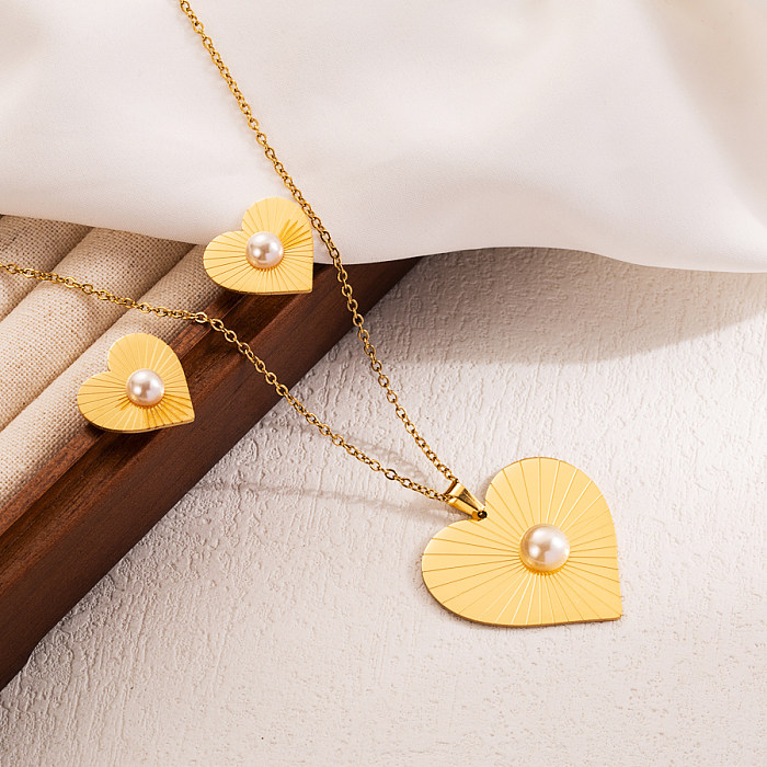 Casual estilo clássico artístico redondo formato de coração borboleta aço inoxidável pérolas artificiais metálicas brilhantes 18k conjunto de joias banhadas a ouro