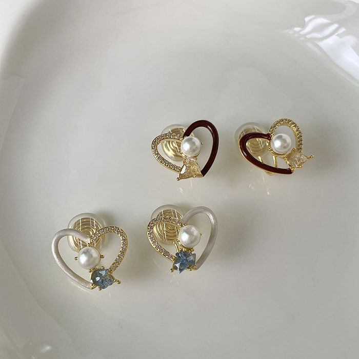 1 par de pérolas artificiais em forma de coração, bloco de cor doce, chapeamento, pérolas artificiais, zircão, punhos de orelha