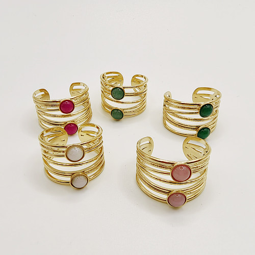 Schlichter Stil, rund, offener Ring aus Edelstahl, mit Titan-Stahlbeschichtung, Naturstein, 18 Karat vergoldet