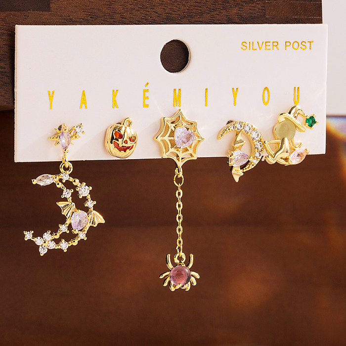 Pendientes colgantes chapados en oro de 14 quilates con incrustaciones de cadena de esmalte de cobre y calavera de murciélago de telaraña divertida