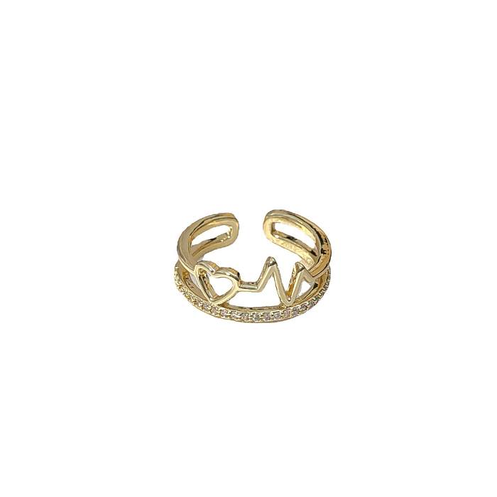 Anéis abertos de zircão com incrustações de cobre em forma de coração estilo clássico