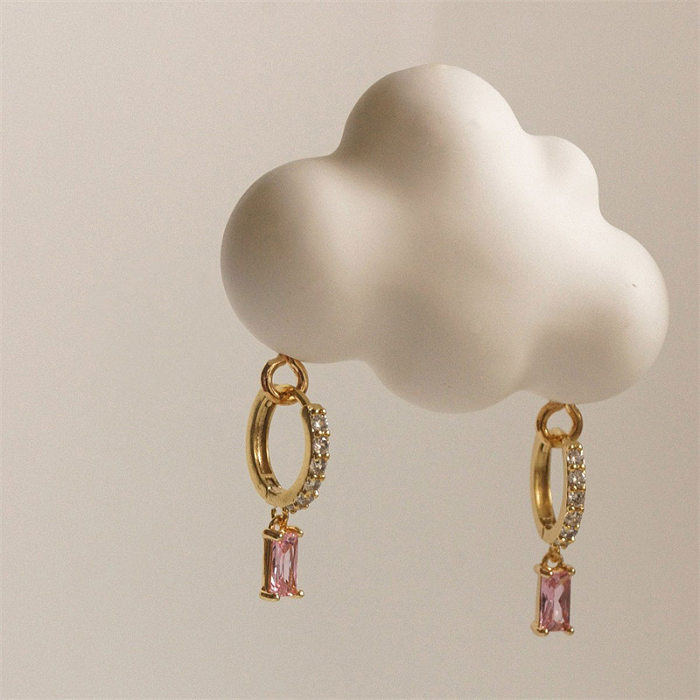 1 Pair Retro Rectangle Brass Inlay Zircon Drop Earrings