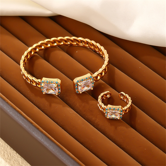 Elegant Glam Vintage Style Geometric Rectangle Copper Plating Inlay Zircon Gold Plated Rings Bracelets