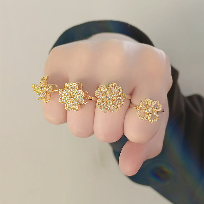 Simple Style Geometric Flower Copper Plating Zircon Rings