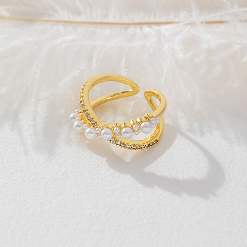 Retro Simple Style Geometric Copper Plating Inlay Artificial Pearls Zircon Open Rings