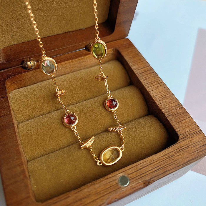 Retro Oval Copper Plating Inlay Artificial Gemstones Necklace