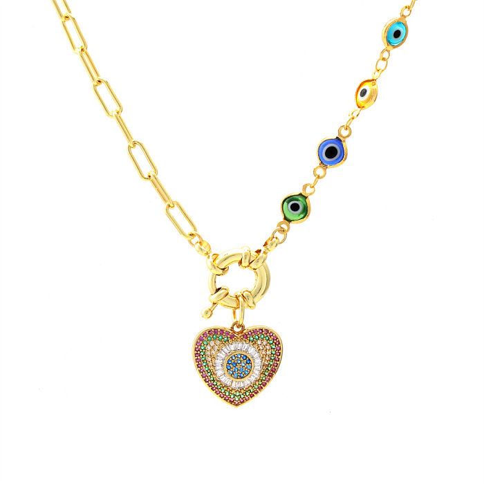 Ethnic Style Devil'S Eye Heart Shape Glass Copper Plating Inlay Zircon 18K Gold Plated Necklace