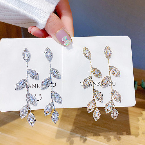 Fashion Leaves Copper Plating Inlay Zircon Drop Earrings 1 Pair
