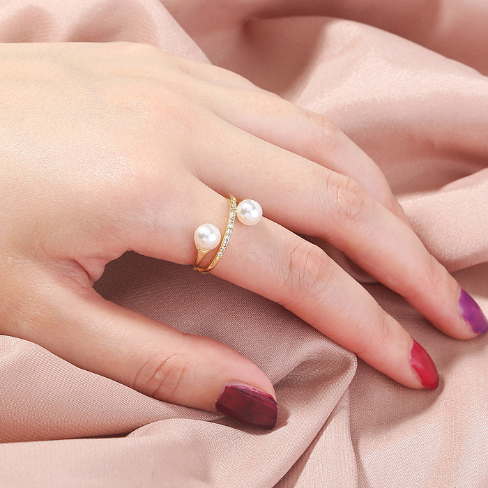 Simple Style Solid Color Copper Plating Inlay Pearl Zircon Gold Plated Open Ring