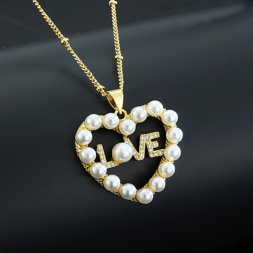 Fashion Love Heart Shape Copper Plating Pearl Zircon 18K Gold Plated Pendant Necklace