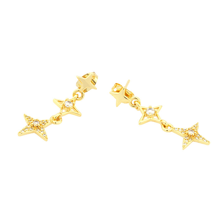 1 Paar lässige, schlichte Ohrringe mit Sternplattierung und Kupfer-Zirkon-Vergoldung, 18 Karat vergoldet