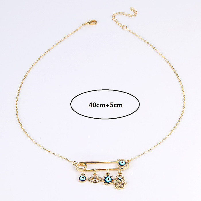 Fashion Paper Clip Hand Of Fatima Eye Copper Gold Plated Zircon Pendant Necklace 1 Piece
