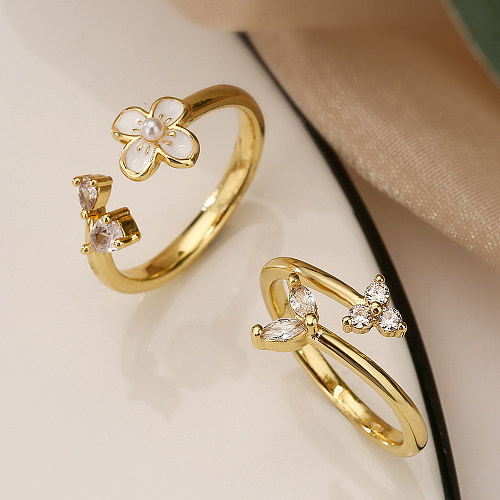 Simple Style Flower Copper Plating Inlay Zircon 18K Gold Plated Open Rings