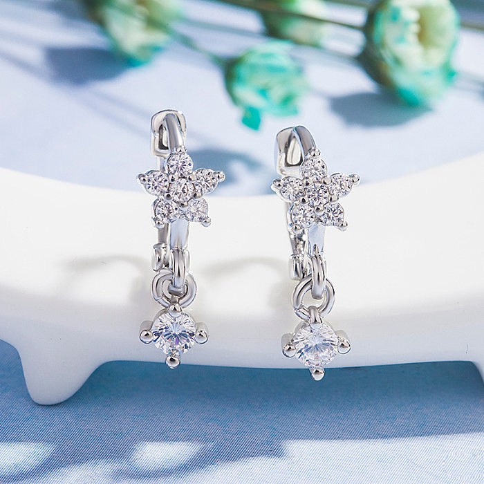 1 Pair Elegant Flower Copper Plating Inlay Zircon Drop Earrings