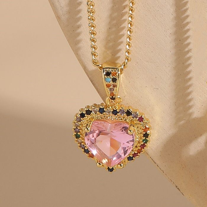 Lässige Halskette mit Anhänger in Herzform, Kupfer, unregelmäßige Einlage, Zirkon, 14 Karat vergoldet