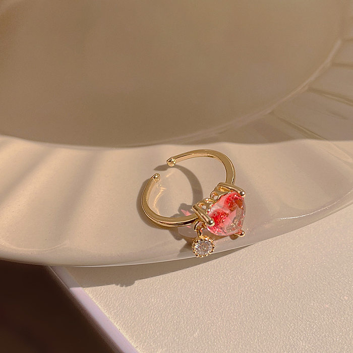 Modischer offener Ring in Herzform, Blume, Kupfer, Zirkon, 1 Stück