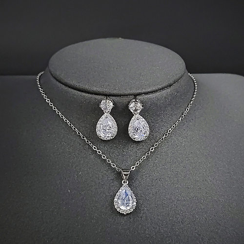 1 Set Fashion Water Droplets Copper Inlaid Zircon Earrings Necklace