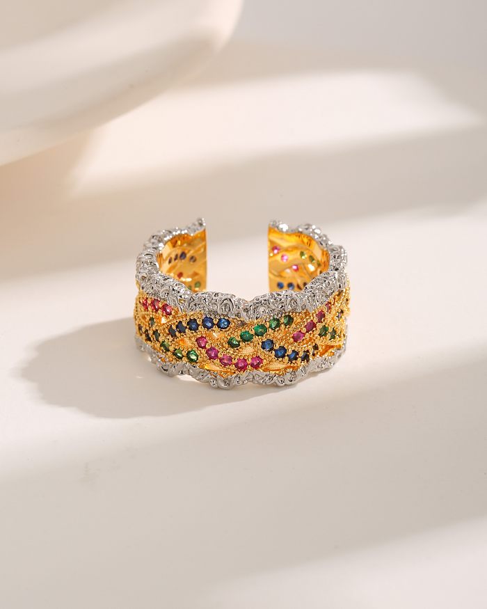 Luxuoso estilo francês comute twist cobre criss cross chapeamento inlay zircon 18k anéis abertos banhados a ouro
