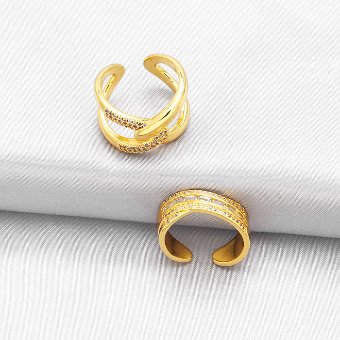Moda estilo simples comute cruz chapeamento de cobre inlay zircon 18K anéis abertos banhados a ouro