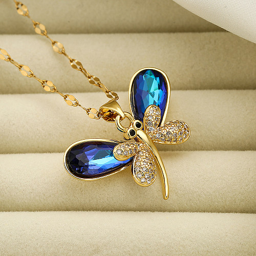 Elegante Libellen-Anhänger-Halskette aus Edelstahl mit Kupferbeschichtung und Zirkon-18-Karat-Vergoldung