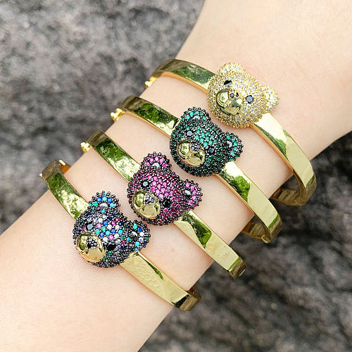 IG Style Cute Fashion Bear Copper Plating Inlay Zircon 18K Gold Plated Bangle