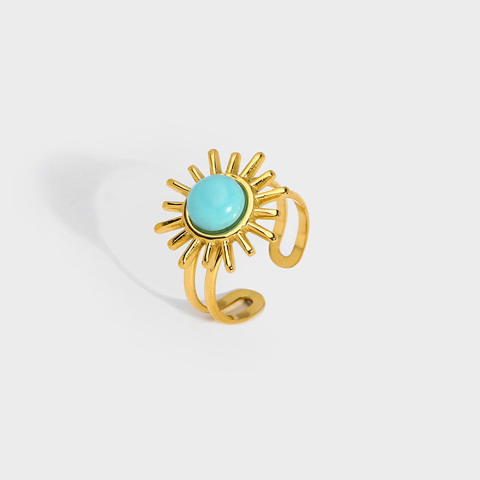 Anéis abertos turquesa com embutimento de aço inoxidável com flor de estilo moderno