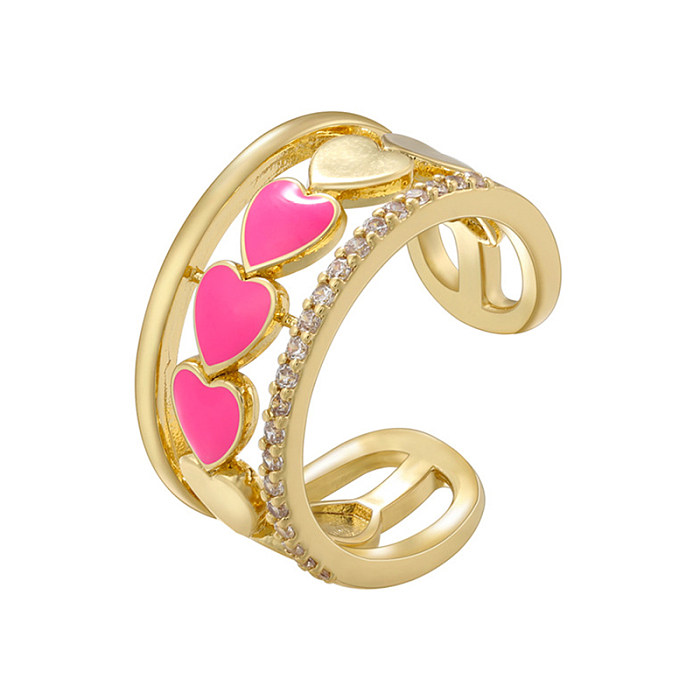 Elegant Sweet Love Pentagram Heart Shape Copper Enamel Plating Inlay Zircon 18K Gold Plated Open Rings