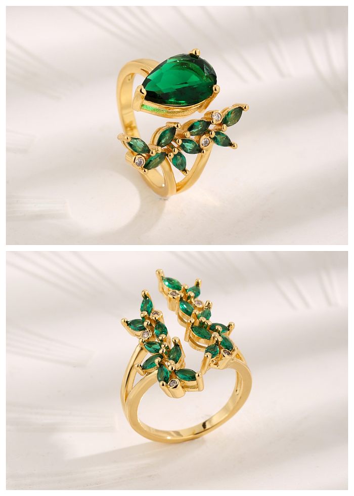 Vintage Style Lady Water Droplets Copper Plating Inlay Zircon 18K Gold Plated Open Rings