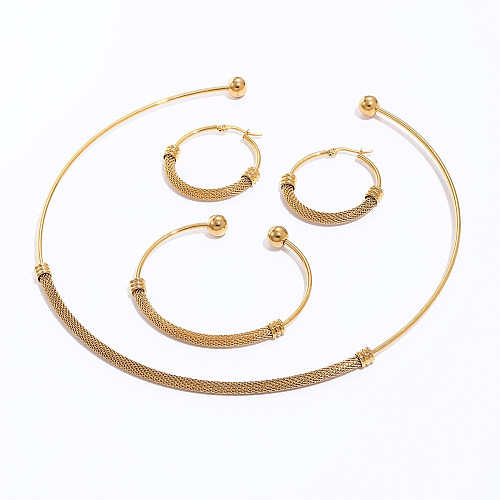 Conjunto de tres piezas de collar, pendientes y pulsera de media caña de acero inoxidable Simple étnico de moda