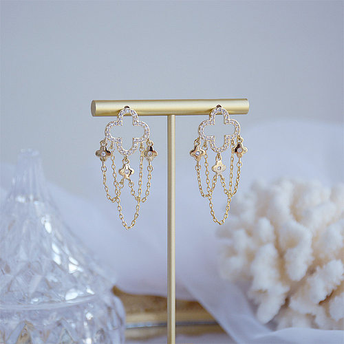 1 Pair Retro Sweet Four Leaf Clover Tassel Plating Inlay Copper Zircon Gold Plated Drop Earrings
