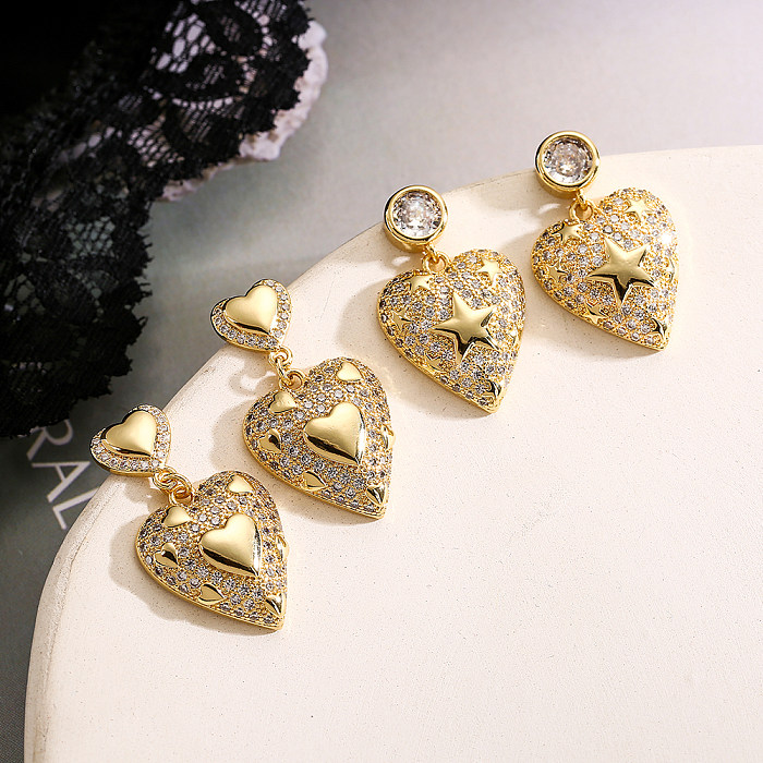 1 Pair Sweet Simple Style Commute Star Heart Shape Plating Inlay Copper Zircon 18K Gold Plated Drop Earrings