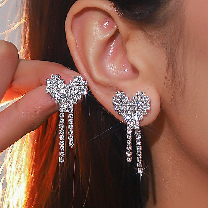 1 Pair Shiny Tassel Heart Shape Copper Plating Inlay Rhinestones Silver Plated Drop Earrings