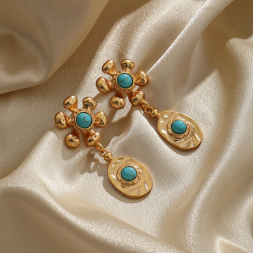 1 paire de boucles d'oreilles classiques rétro, placage de fleurs irrégulières, incrustation de cuivre Turquoise plaqué or 18 carats