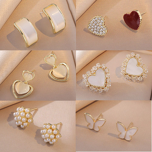 1 Pair Classic Style Heart Shape Butterfly Inlay Copper Artificial Gemstones Ear Studs
