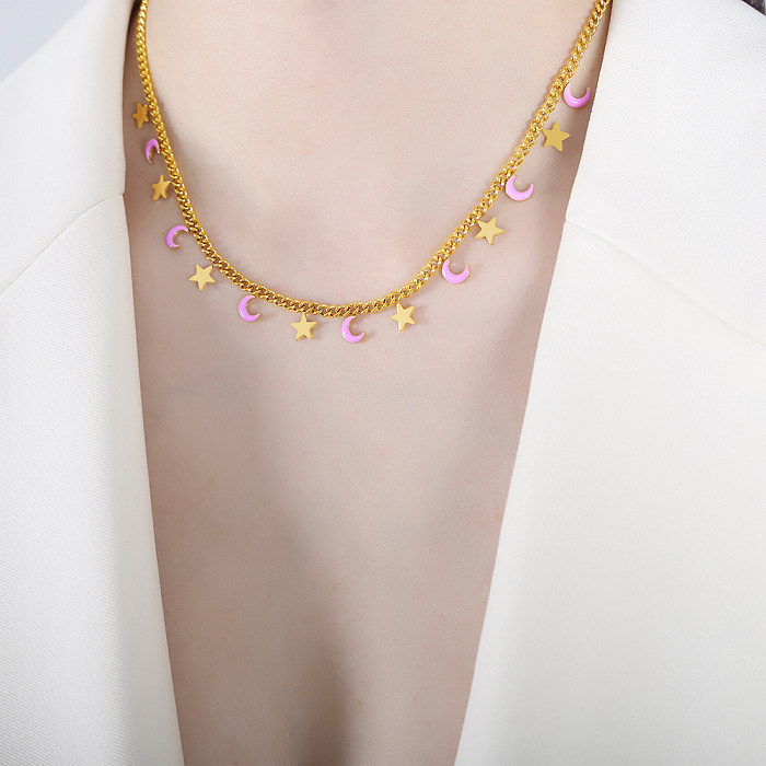 Elegant Streetwear Geometric Star Moon Titanium Steel Enamel Plating 18K Gold Plated Bracelets Necklace