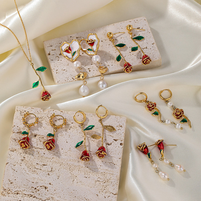 Collier de boucles d'oreilles en forme de cœur, Style français rétro, Rose, perle d'eau douce, placage en cuivre, plaqué or 18 carats