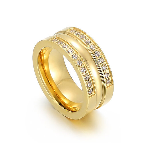 Moda feminina ouro fileira dupla anel de diamante completo anel de casal de aço titânio